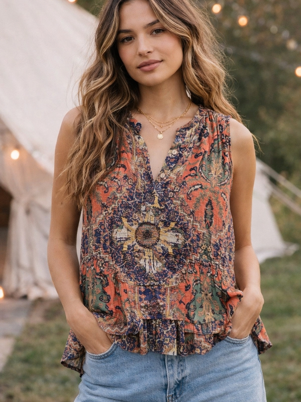 Free People Boho Print Blouse XS Orange Blue Paisley Peplum Flowy Festival Top